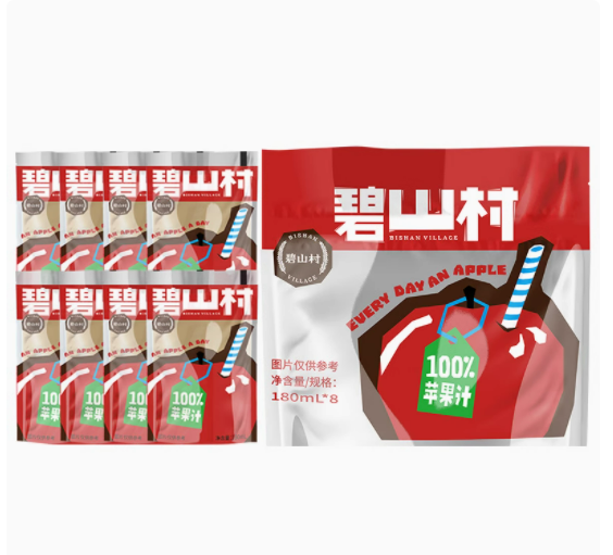 碧山村0添加剂0脂肪100%苹果汁果味果汁饮料180ml/袋