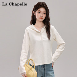 La Chapelle Lace Patchwork Design Hooded Long-Sleeve T-Shirt for Women, Autumn Loose-Fitting Base Shirt, Regular Shoulder Versatile Top