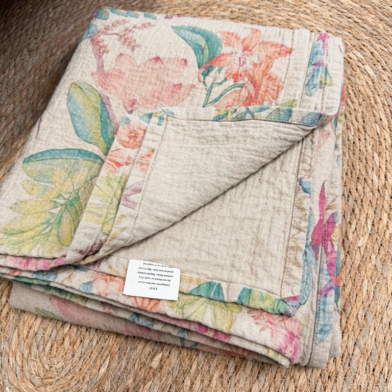 Vintage Printed Hemp Blanket, Summer Soft Cooling Mat, Close-Fitting, Non-Sticky, Cool, Breathable, Washable, Soft, Can Be Spread or Used as a Cover