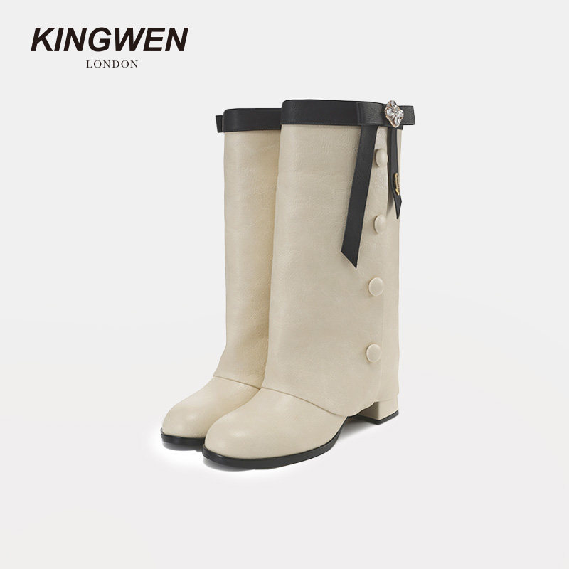 Kingwen รองเท้าบูทสั้นปลายข้อ แต่งโบว์ ฤดูใบไม้ร่วง ปี 2026 สำหรับผู้หญิง บูทขี่ม้าเหนือเข่า สง่างามหรูหรา