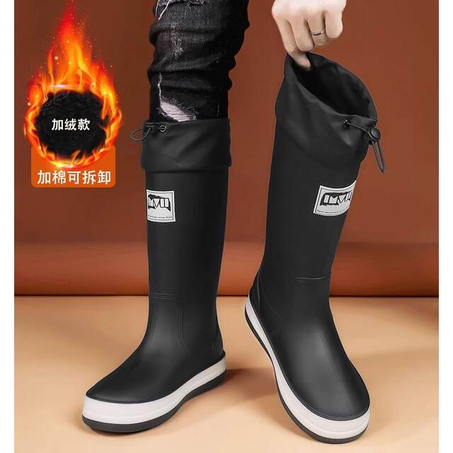 Men's Snow Boots, Winter High-Top Fleece-Lined Warm Boots, Outdoor Waterproof Non-Slip Rain Boots, Leather and Fur Integrated High-Top Rain Boots