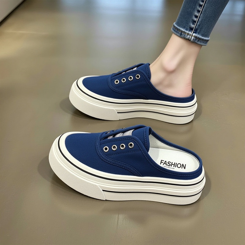 American Cimy Korean Style/Thick-Soled Height-Increasing Closed-Toe Half-Slippers for Women, New Summer Outdoor Slip-On Breathable Canvas Shoes