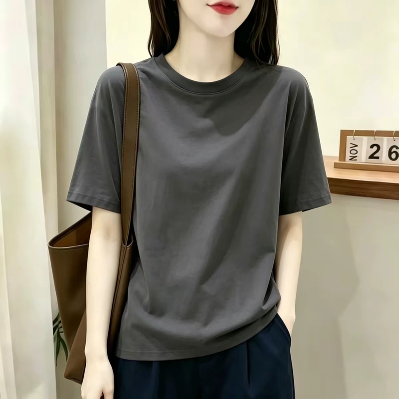 Gray Round-Neck Pure Cotton Regular Shoulder Loose Slimming Summer Short-Sleeve T-Shirt for Women 2026 New Casual Stylish Top Trendy Gray Round-Neck Pure Cotton Regular Shoulder Loose Slimming Summer Short-Sleeve T-Shirt for Women 2026 New Casual Stylish Top Trendy