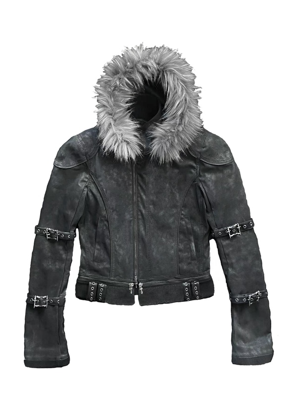 Youwillknow* High-Neck Detachable Bandage Hem Multi-Zipper Quilted Fur Collar Leather Jacket Youwillknow* High-Neck Detachable Bandage Hem Multi-Zipper Quilted Fur Collar Leather Jacket