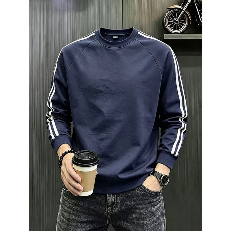 Three-Stripe Crew Neck Sweatshirt for Men, Heavy Navy Blue Raglan Design Long-Sleeve T-Shirt, American Style Inner Layer Base Shirt for Autumn