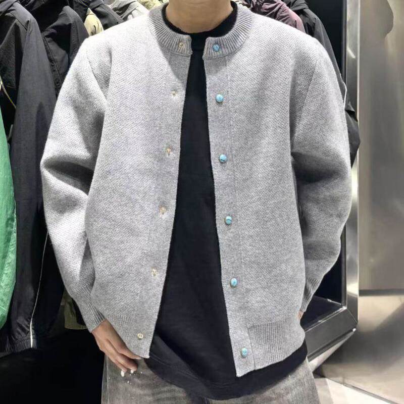 Spring and Autumn New Retro Solid Color Turquoise Round-Neck Knitted Cardigan, Light Luxury Jacket, Unisex, Minimalist Lazy Style