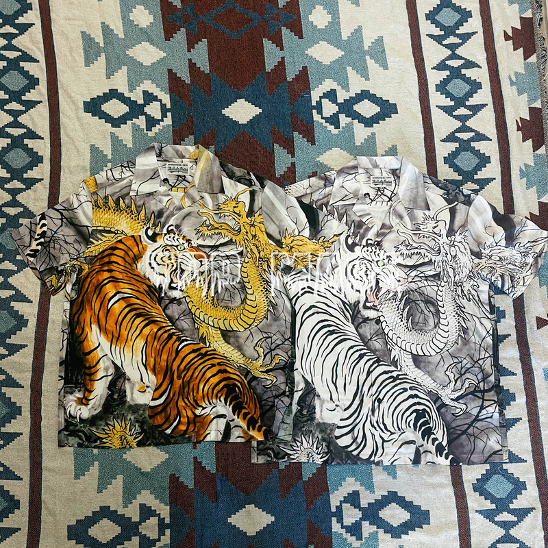 Top Wacko Mariaxtim Lehi Joint Japanese Style Hawaiian Dragon and Tiger Bucket Short-Sleeved Shirt Captain Same Style