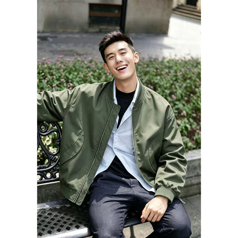 Army Green Baseball Collar Flight Jacket for Men, Short Style for Spring and Autumn, Cleanfit Waist-Cinching Workwear Jacket Army Green Baseball Collar Flight Jacket for Men, Short Style for Spring and Autumn, Cleanfit Waist-Cinching Workwear Jacket