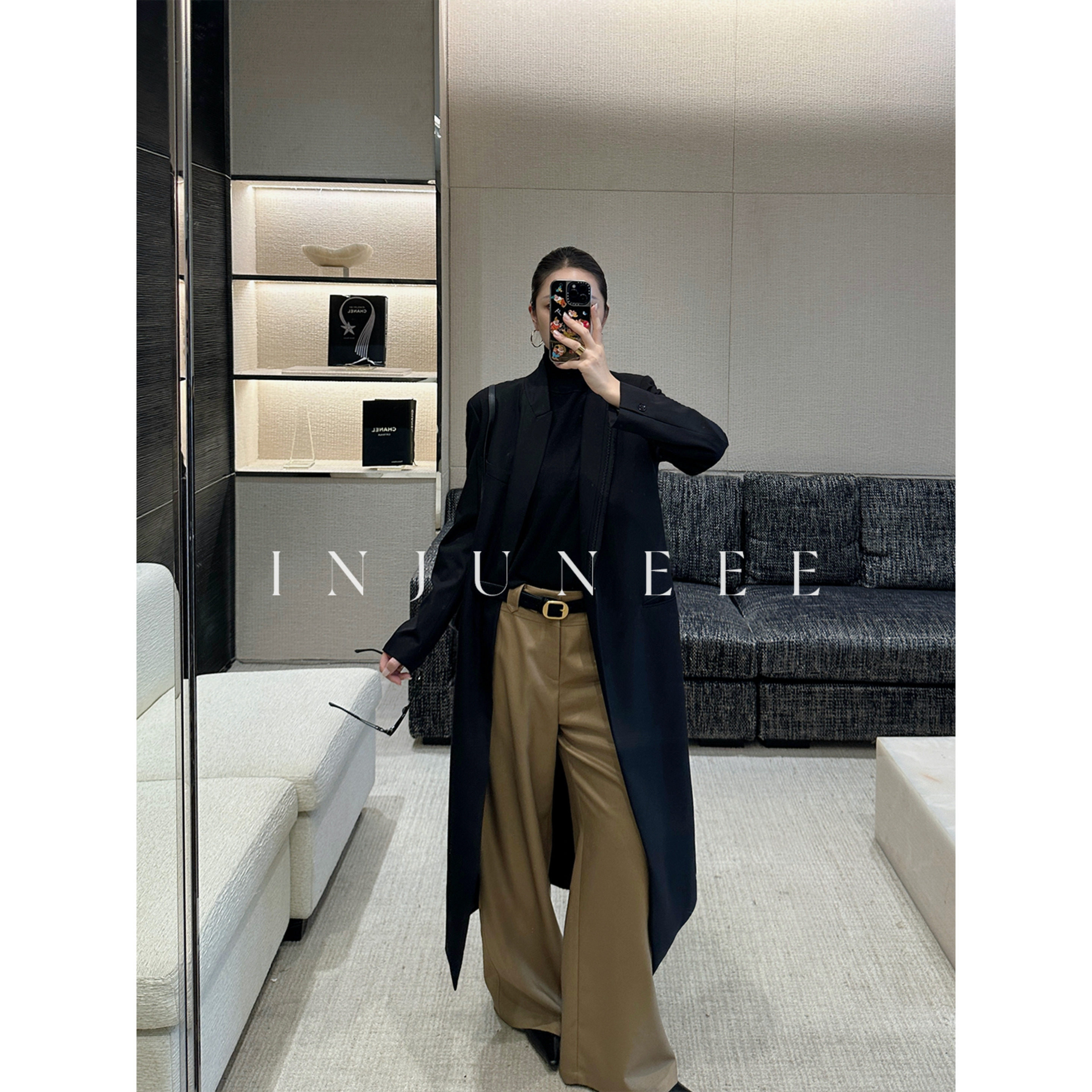 Liu Jiujiu Injuneee Ghana Shepherd's Black Suit Trench Coat for Women, Mid-Length, Autumn, High-End Style