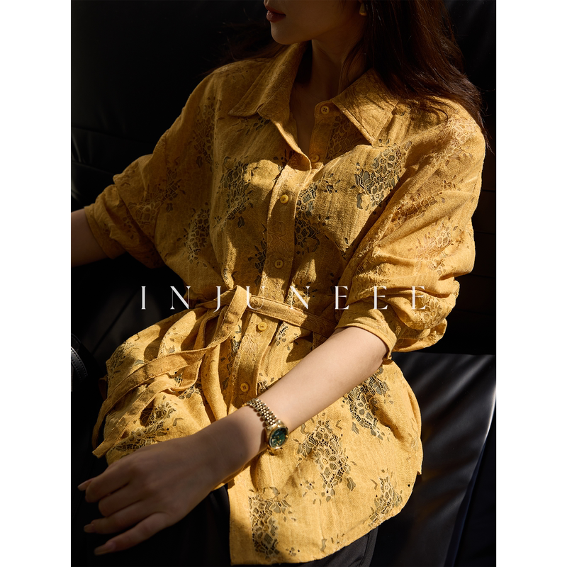 Liu Jiujiao Injuneee Apricot Wildflower Pattern Yellow Lace Shirt Women's Summer High-Quality Chic French Blouse