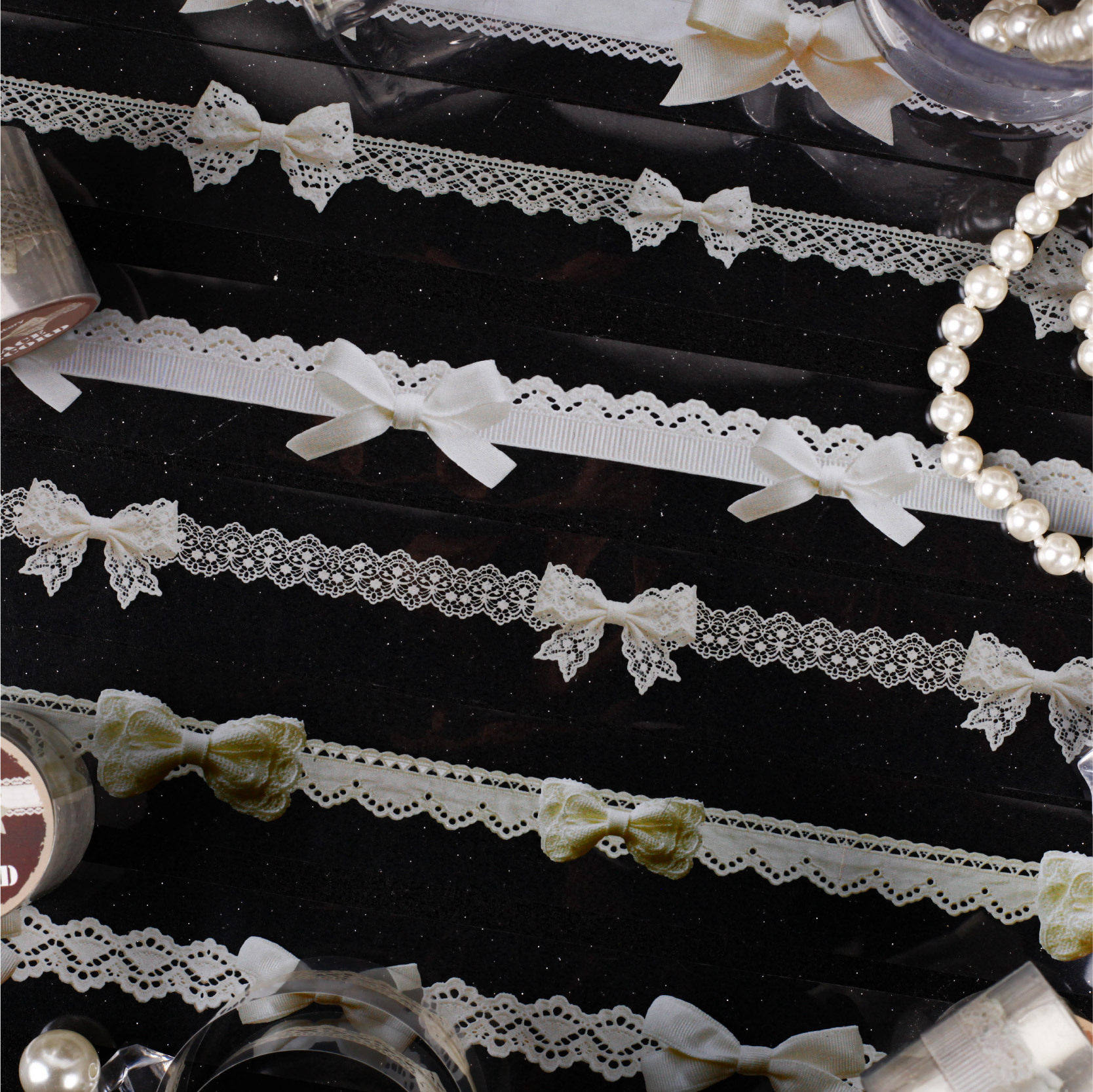 PET washi tape with a light retro lace trim, basic bow pattern, suitable for journaling and collage.
