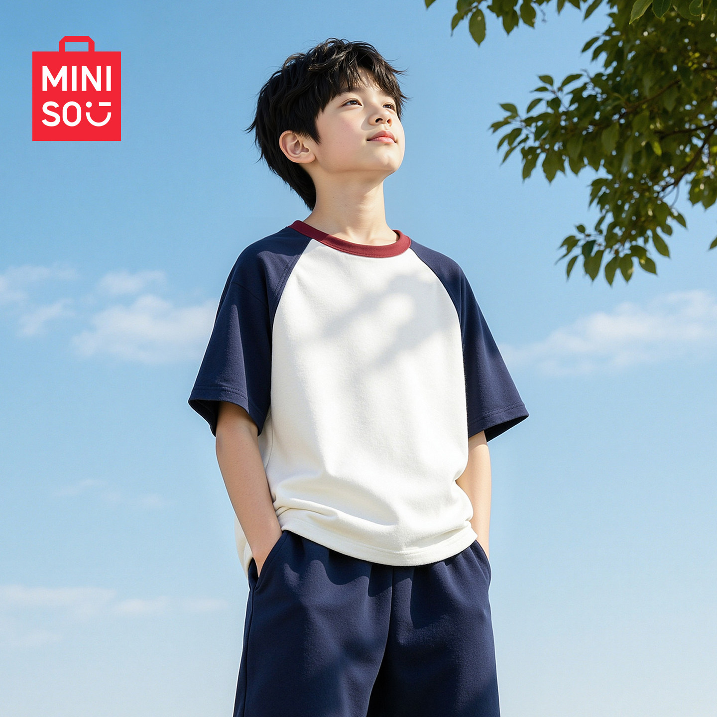 Miniso Boys' Short-Sleeve T-Shirt, Summer Thin Style, Fashionable Big Boys' Clothing, Pure Cotton, New Sports Children's Top
