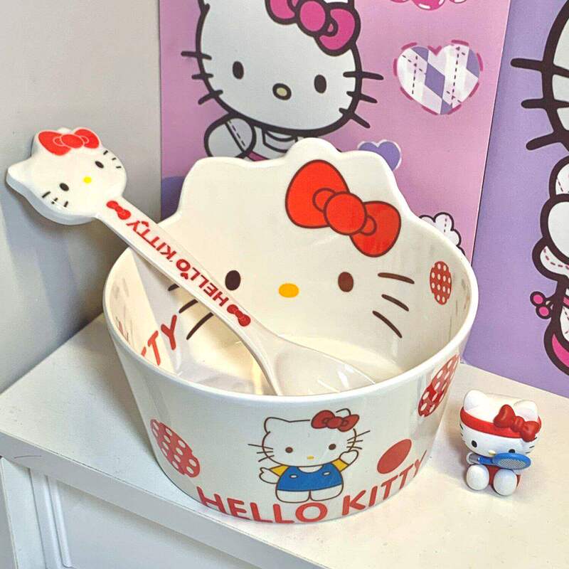 Kitty Cat Tableware Cartoon Sanrio Instant Noodle Bowl Home-Use Imitation Ceramic Dormitory Use Student Dining High Aesthetic Value