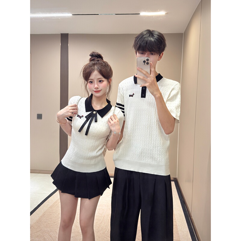 Kedomi Couple's Short-Sleeved Summer Miu-Style College Wind Bow Embroidered Knitted T-Shirt Slim Fit Top
