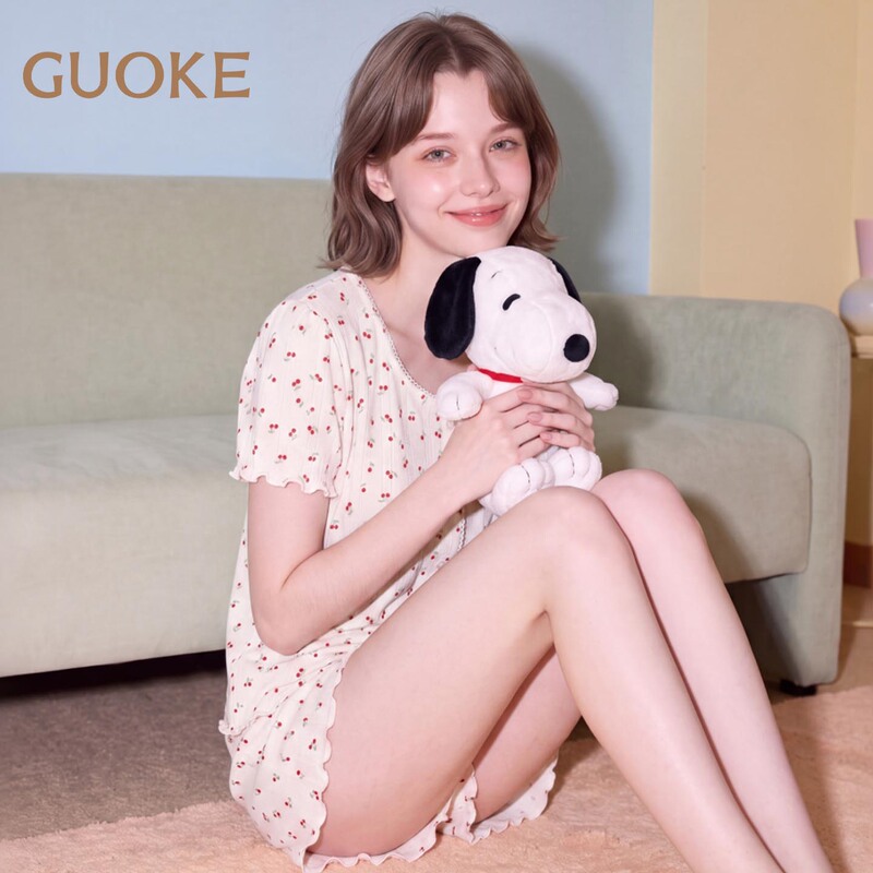Guoke/Guoke Sweet Cherry All-Over Print Cardigan Button-Up Short Sleeve Shorts Pajamas Casual Summer Wear for Girls Guoke/Guoke Sweet Cherry All-Over Print Cardigan Button-Up Short Sleeve Shorts Pajamas Casual Summer Wear for Girls