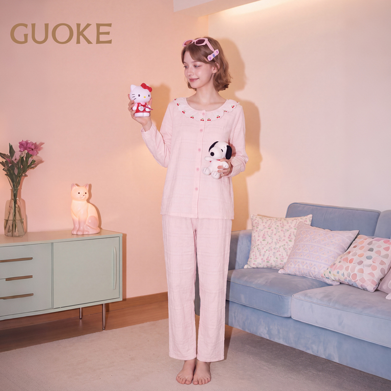 Guoke Women's Pajamas with Chest Pads 2026 New Cloud Cotton Long Sleeve Cherry Print Homewear That Can Be Worn Outside Guoke Women's Pajamas with Chest Pads 2026 New Cloud Cotton Long Sleeve Cherry Print Homewear That Can Be Worn Outside