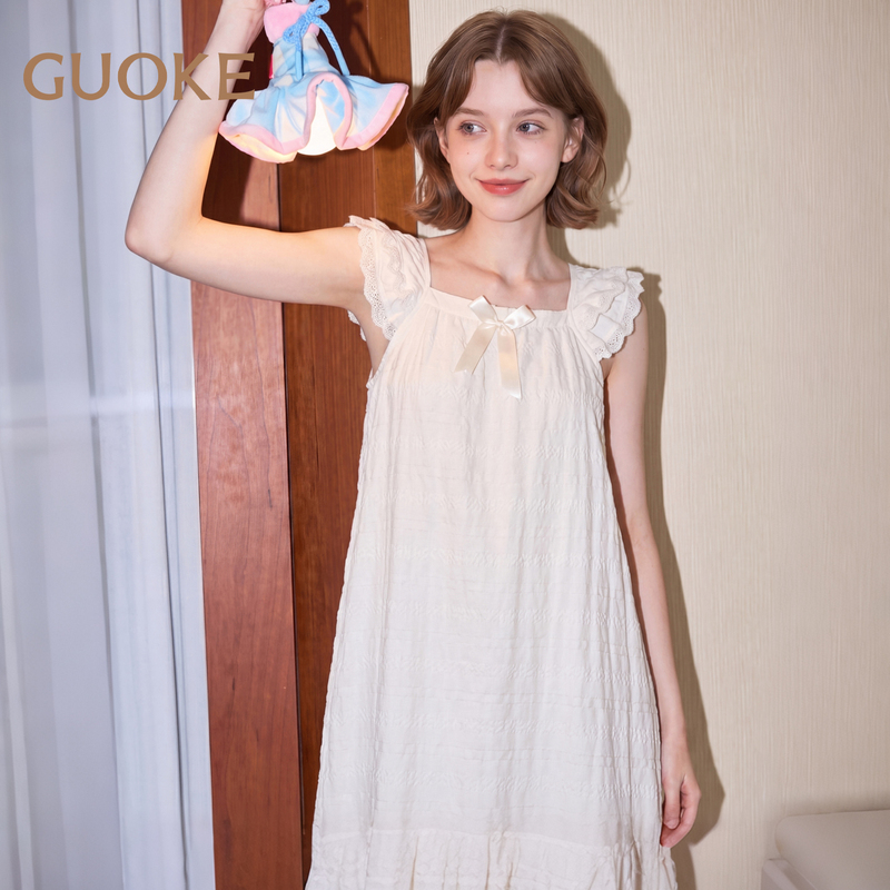 Guoke Summer Sweet Style Sleeveless Mid-Length Nightdress with Chest Pads, Wearable as Outerwear, Cloud Cotton Home Dress Guoke Summer Sweet Style Sleeveless Mid-Length Nightdress with Chest Pads, Wearable as Outerwear, Cloud Cotton Home Dress