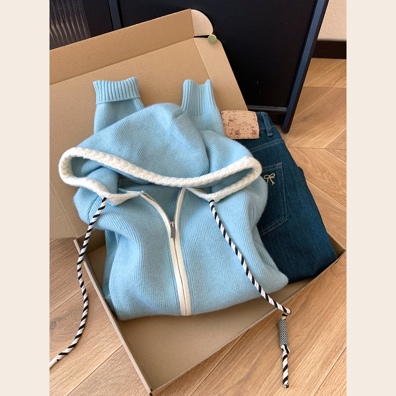 Kiss Allow Blue Drawstring Hooded Thick Knitted Sweater Cardigan Jacket for Women Soft and Cozy Color-Blocking Top Autumn Kiss Allow Blue Drawstring Hooded Thick Knitted Sweater Cardigan Jacket for Women Soft and Cozy Color-Blocking Top Autumn