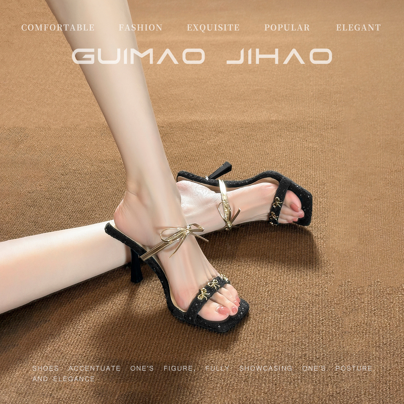 Rose Cat Brand Comfortable High-Heeled Sandals for Women, Stylish Bow-Knot Stiletto Square-Toe High Heels to Wear with Skirts