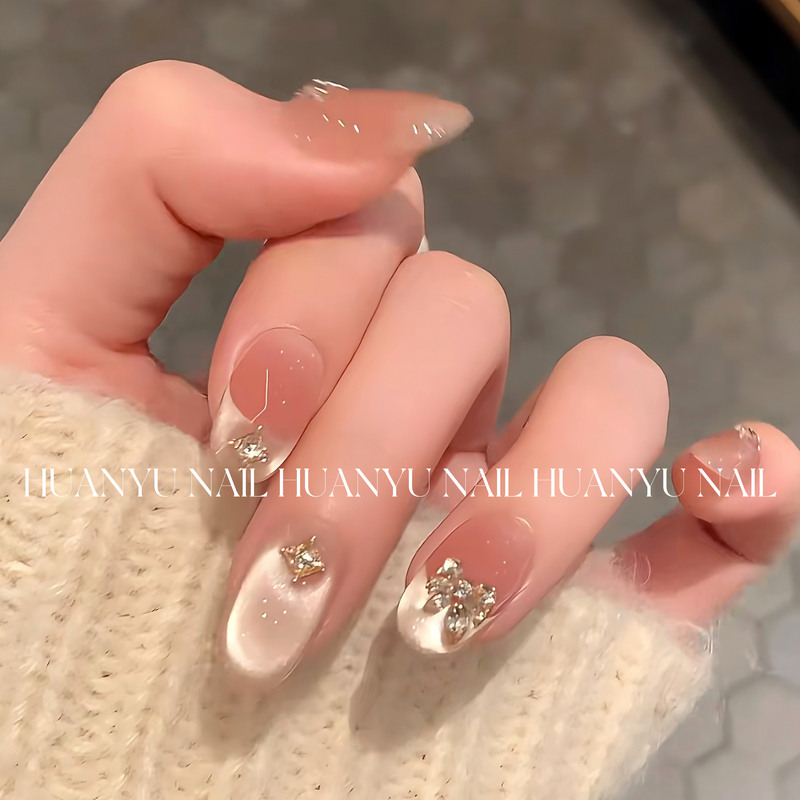 Super Beautiful Handmade Wearable Nails with Glass Beads, French Cat-Eye Manicure, 2026 New Style, Elegant and Complexion-Enhancing, High-End Nail Stickers