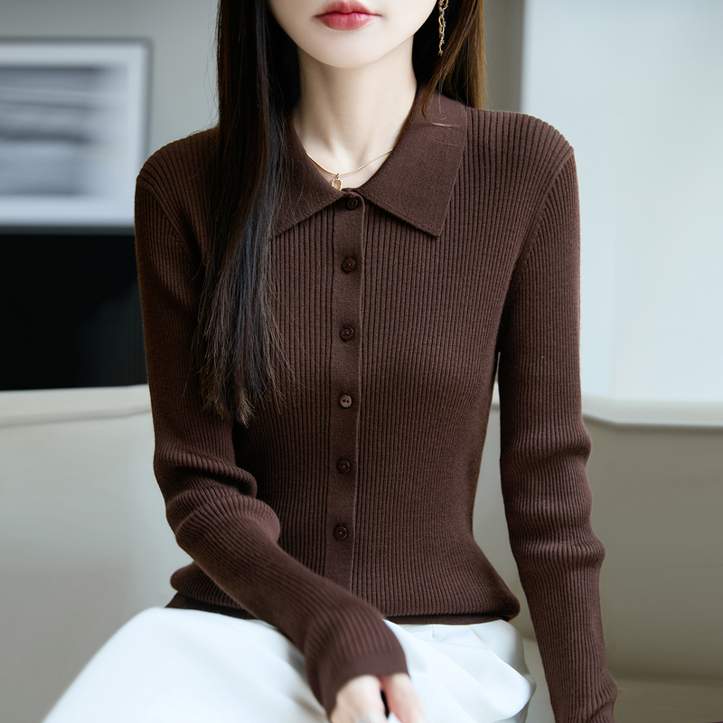 New Autumn and Winter Fine-Spun 100% Wool Women's Polo Collar Knitted Cardigan Slim-Fit Sweater Jacket Thin Top