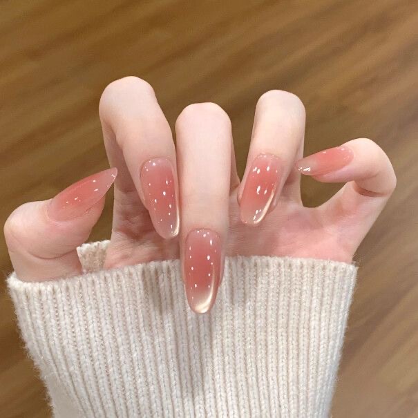 Flowing Champagne | Handmade Wearable Nails with High-End Blush Gradient, Sparkling French Cat Eye, Skin-Brightening Nail Stickers
