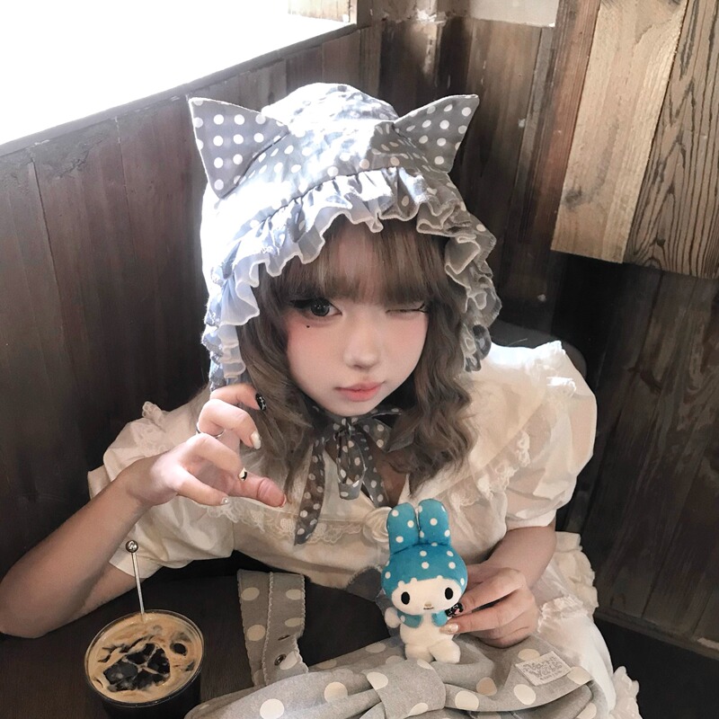 Saltwind* Original Gray Polka Dot Lace Cat Ear Hat, Sweet and Cute Printed Tie Hat