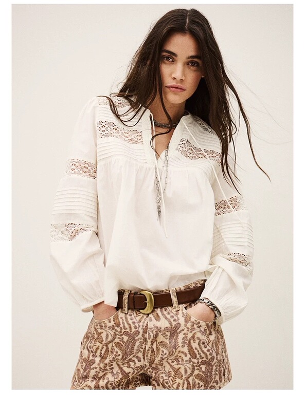 Bash2026 New Spring Bohemian Style Off-White Lace Patchwork Shirt Cotton Top 1E26Nami