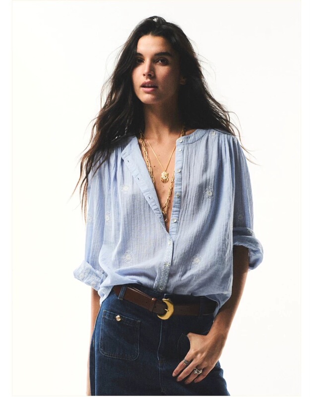 Bash Spring French Style Lazy Morandi Blue Embroidered Shirt Women's Cotton Workwear Long-Sleeved Top 1E25Duha
