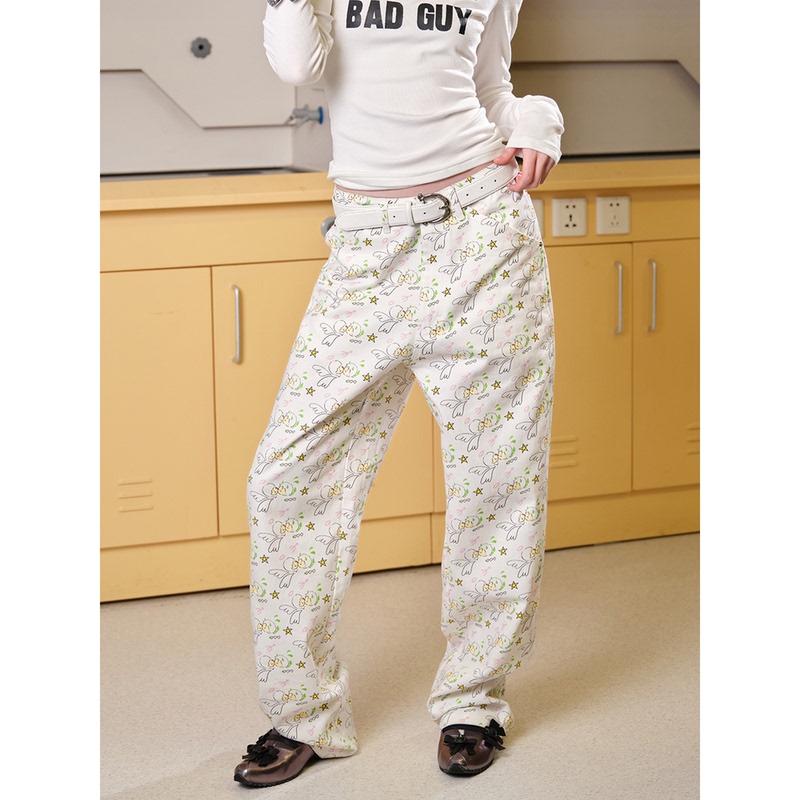 Optinips*'Paradise Kiss' Hand-Painted Printed Casual Low-Waist Straight White Workwear Jeans