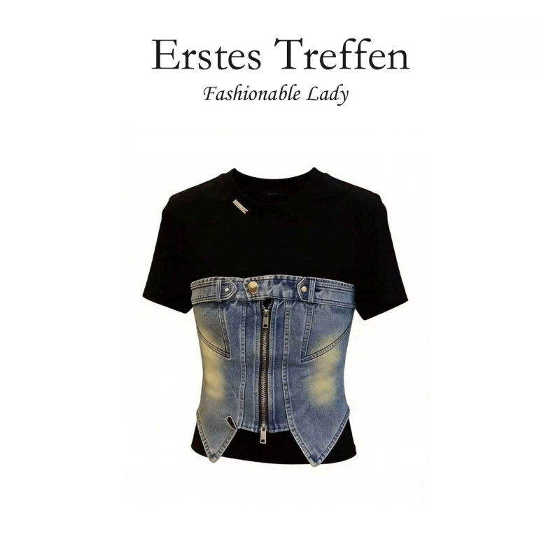 Fake Two-Piece Spliced Denim Short-Sleeve T-Shirt for Women, 2026 New Summer Black Zipper Top, Slimming Early Summer Shirt Fake Two-Piece Spliced Denim Short-Sleeve T-Shirt for Women, 2026 New Summer Black Zipper Top, Slimming Early Summer Shirt