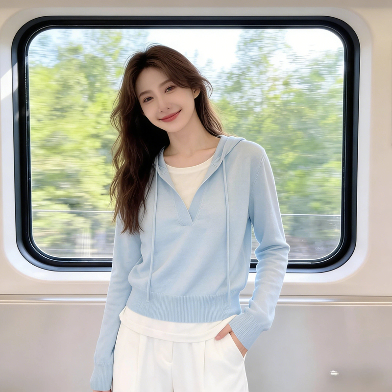 Relaxed Style Fake Two-Piece Hooded V-Neck Knit Sweater Early Spring 2026 New Style Gentle and Stylish Versatile Long-Sleeved Top