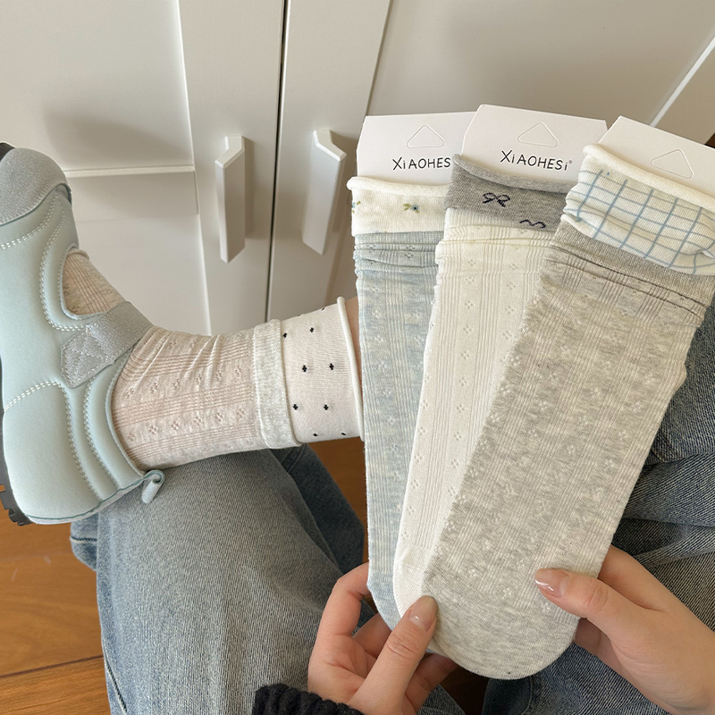Spring and Summer Thin Mid-Calf Socks for Women, Cute Girl Style, Mesh Breathable, Rolled Edge, Pure Cotton, Slouchy Long Socks