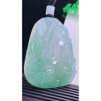 Burmese natural a-grade jade and jade, laokeng finely carved ice species, hand-carved qingwenpiao green shu bodhisattva pendant