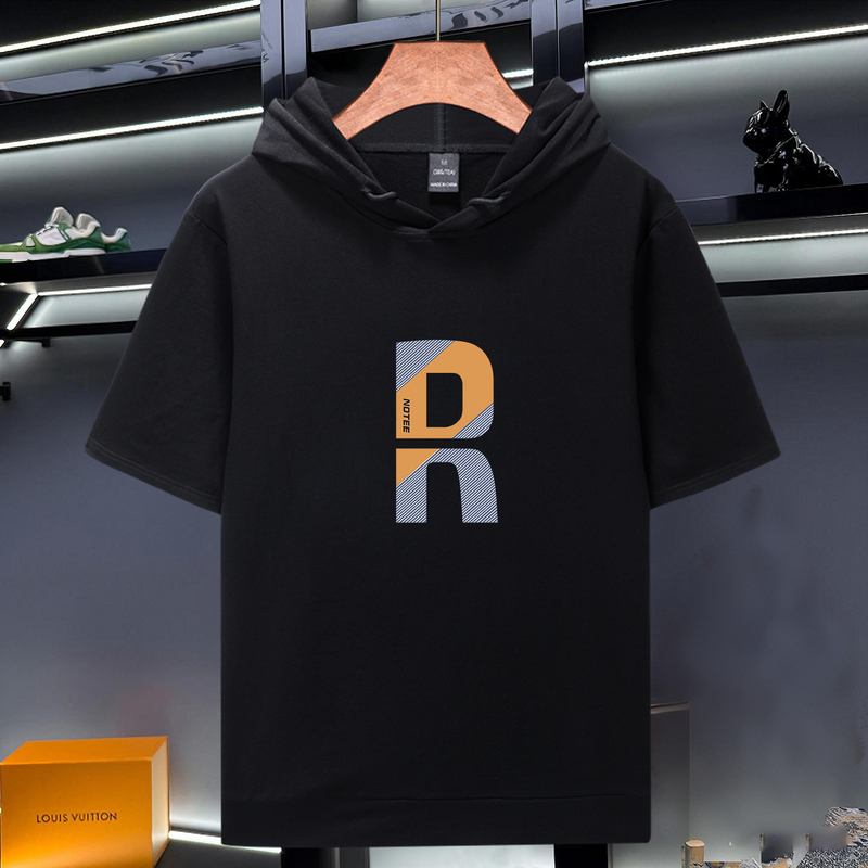 Trendy Black Letter Short-Sleeve Hoodie T-Shirt for Men, Thin Style with Hood, Loose Fit, Plus Size, Summer Trendy Black Letter Short-Sleeve Hoodie T-Shirt for Men, Thin Style with Hood, Loose Fit, Plus Size, Summer