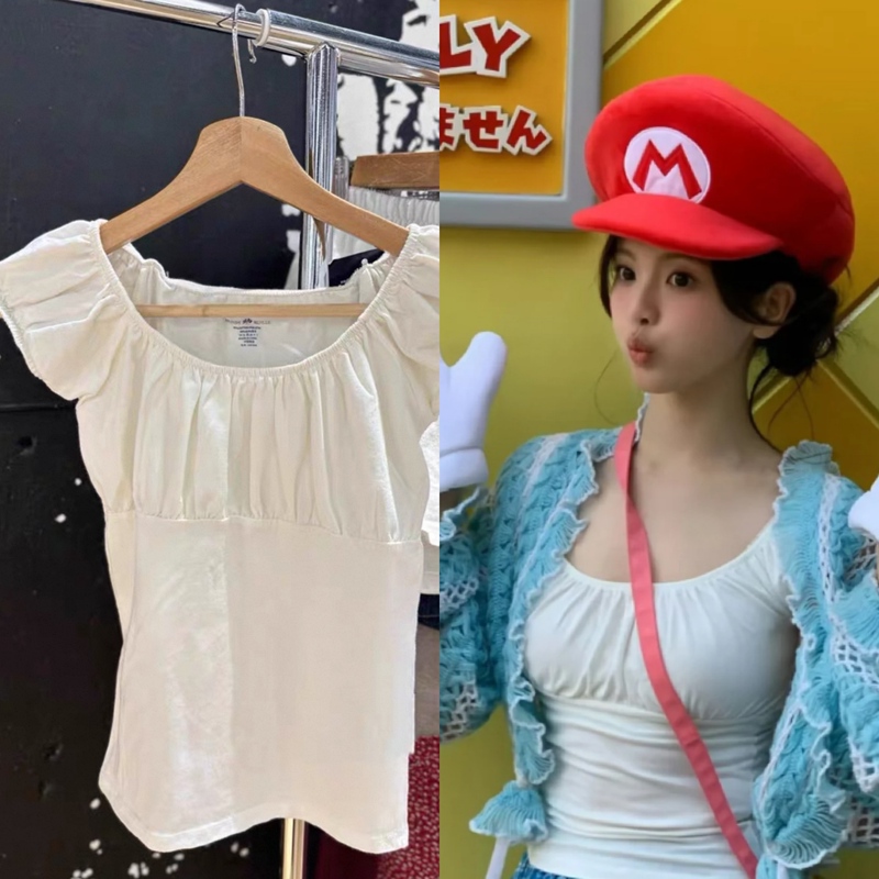 Bm Yang Chaoyue's Same Style Pleated T-Shirt, Pure and Alluring Style, Slim Fit, Puff Sleeves, Short-Sleeved, Versatile Top for Women, Casey Top