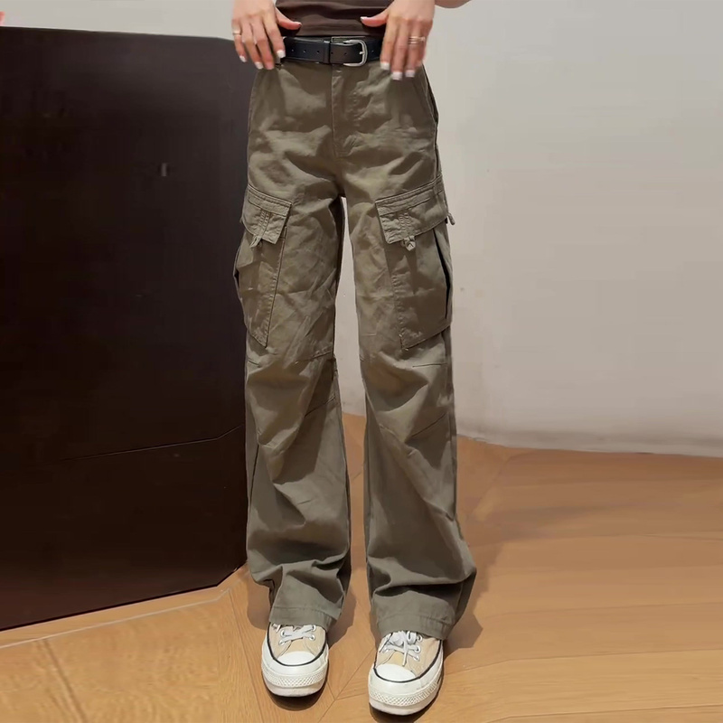 Khaki Multi-Pocket Cargo Wide-Leg Pants for Women, 2026 Autumn New Style, Plus Size, Slimming American-Style Straight Pants