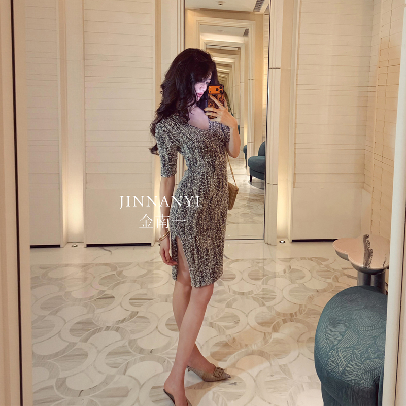 Jinnan Yi Italian Imported Yarn Sheep Wool Blend Chanel-Style Weave Elegant Dress Autumn and Winter New Collection