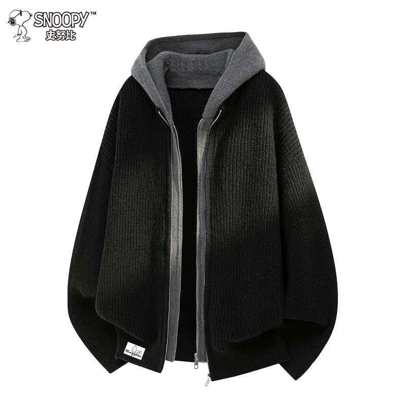 Snoopy/Snoopy American-Style Double-Zipper Hooded Sweatshirt for Men, Faux Two-Piece Patchwork Heavy Knit Sweater Jacket Snoopy/Snoopy American-Style Double-Zipper Hooded Sweatshirt for Men, Faux Two-Piece Patchwork Heavy Knit Sweater Jacket