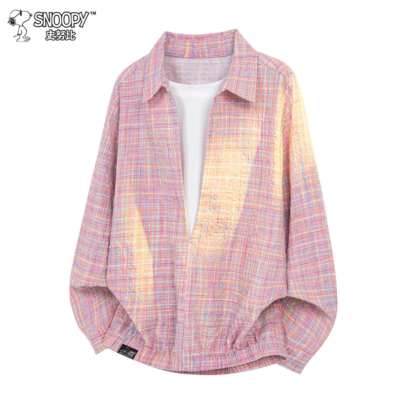 Snoopy Plaid Seersucker Loose Shirt for Men and Women, New Design Couple Tops for Spring and Autumn