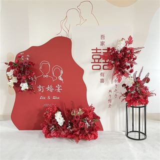 Red wedding road leading floor flower arrangement kt board decoration fake flowers simulated flowers engagement banquet layout wedding stage road leading flowers