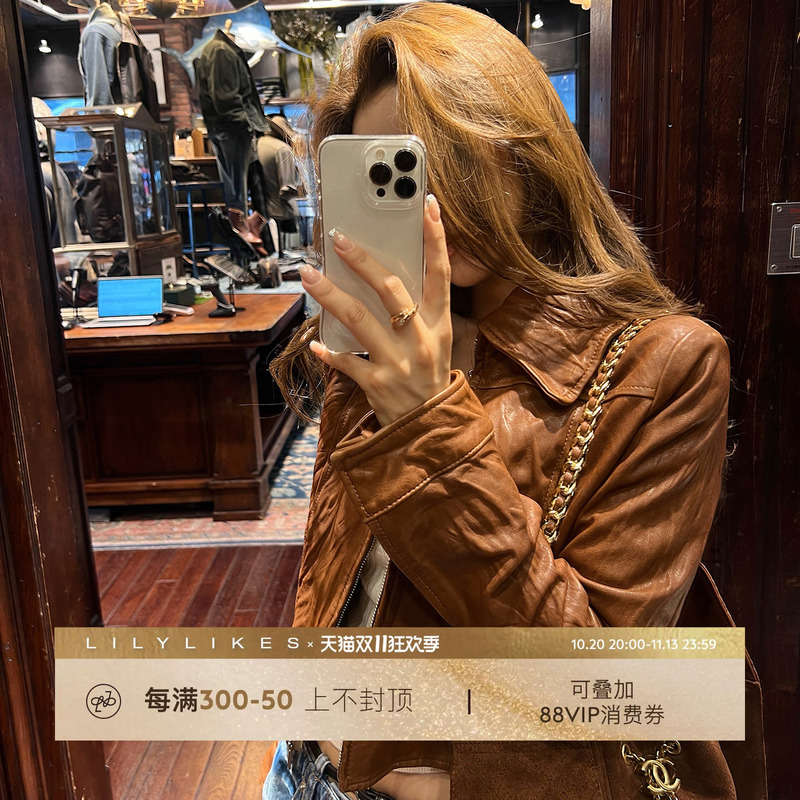 Lilylikes Black Label "Caramel Amber" New Zealand Imported Vegetable-Tanned Lambskin Leather Jacket with Lapel