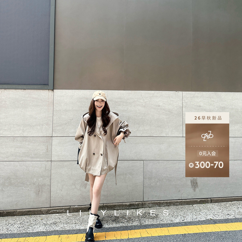 Lilylikes "Barcelona Sunset" Light Khaki Versatile Hooded Trench Coat Is as Casual and Stylish as It Would Be in a European Neighborhood