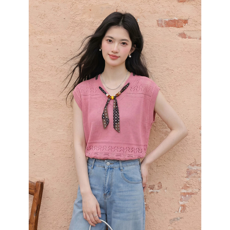 【0608】Plus Size Women's Korean Style Sleeveless Ice Silk Hollow Knit Top Summer New Design Scarf-Style T-Shirt