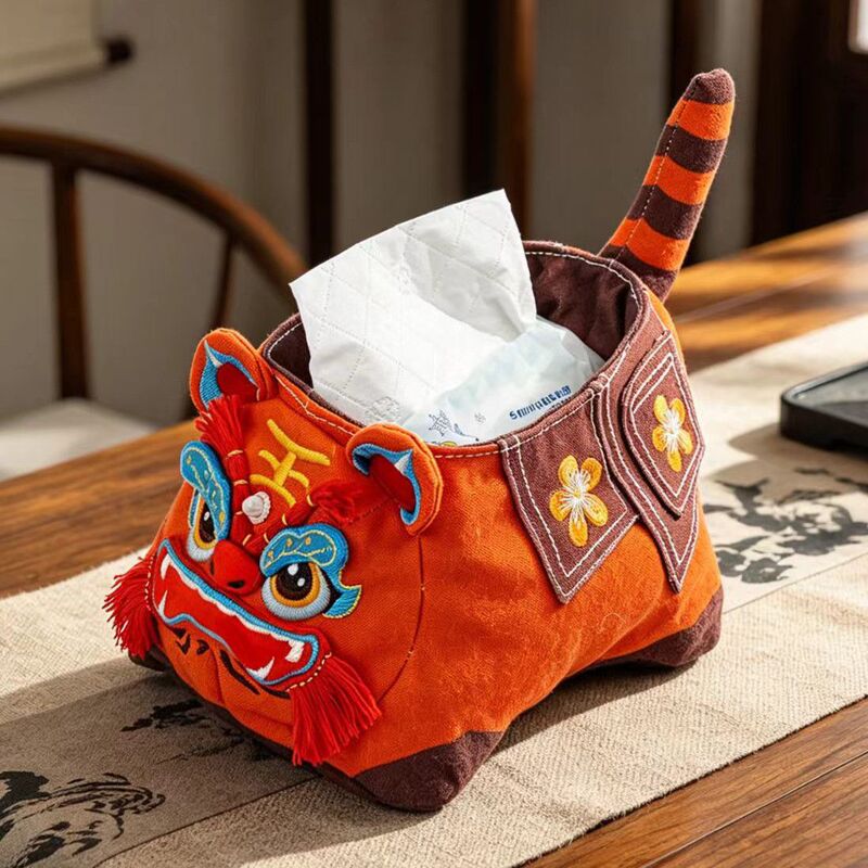 Trendy Tiger Paper Box with High Aesthetic Value, New Chinese Style, National Trend Lion Dance Tissue Box, Home Decor Piece with Traditional Embroidery