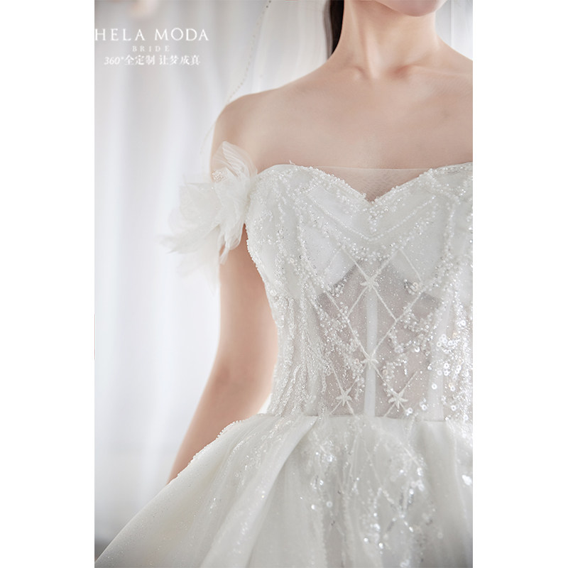 Hera customized 2022 new heavy industry one-shoulder temperament French style simple texture starry sky long trailing main wedding dress