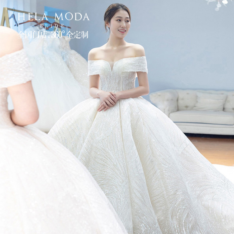 Hera custom 2021 new one-shoulder Palace style French bride big tailed wedding dress luxury little woman