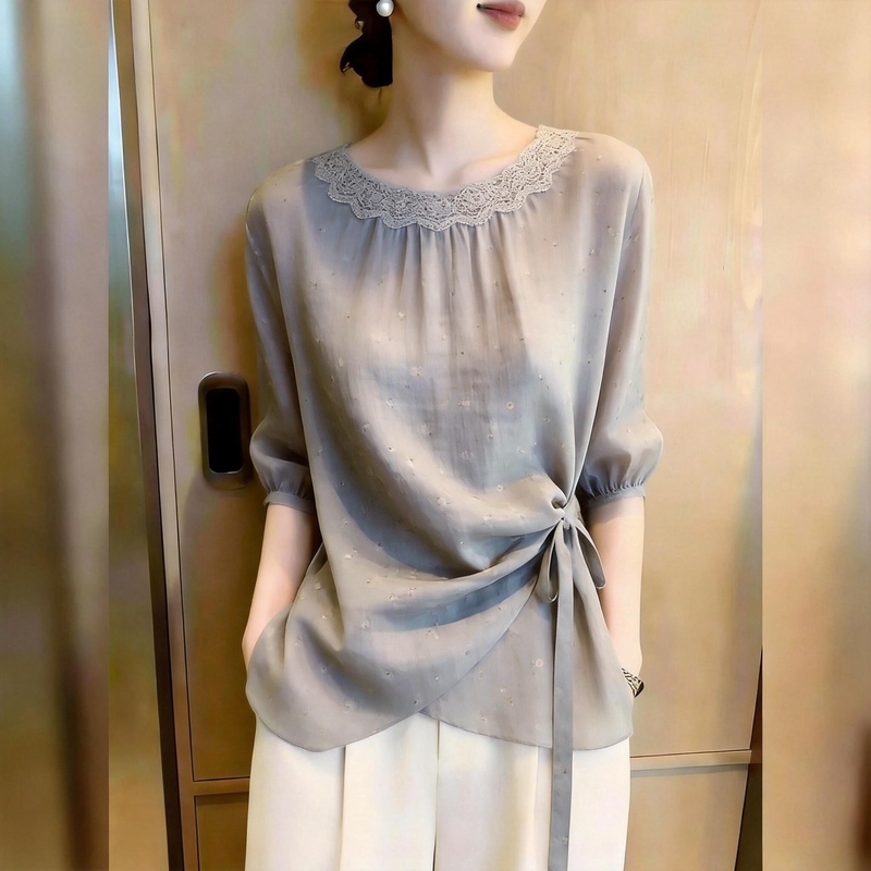 2026 Summer New Design Lace Patchwork Tie Waist Shirt for Women, Gray Elegant Commuter Plus Size Top 2026 Summer New Design Lace Patchwork Tie Waist Shirt for Women, Gray Elegant Commuter Plus Size Top