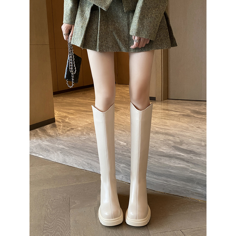 Italian Raramente White Leather Autumn and Winter Long Boots for Women, Thick-Soled High-Heeled Long Boots, High-Tube Riding Boots