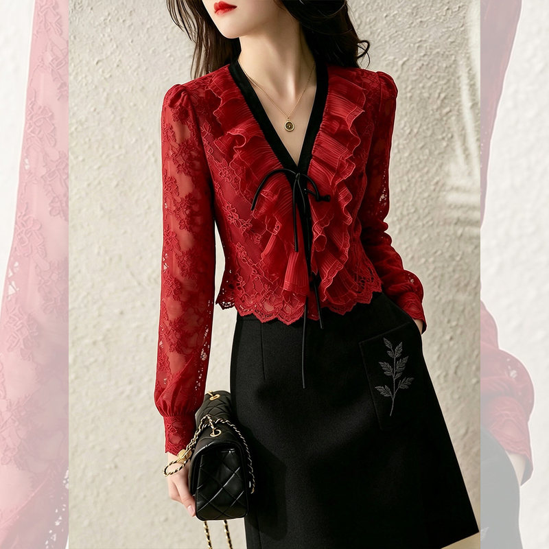 French-Style Light and Sophisticated Design Red Lace Shirt for Women, Long-Sleeved with Tie and Ruffles, Elegant and Slimming Top, Trendy French-Style Light and Sophisticated Design Red Lace Shirt for Women, Long-Sleeved with Tie and Ruffles, Elegant and Slimming Top, Trendy